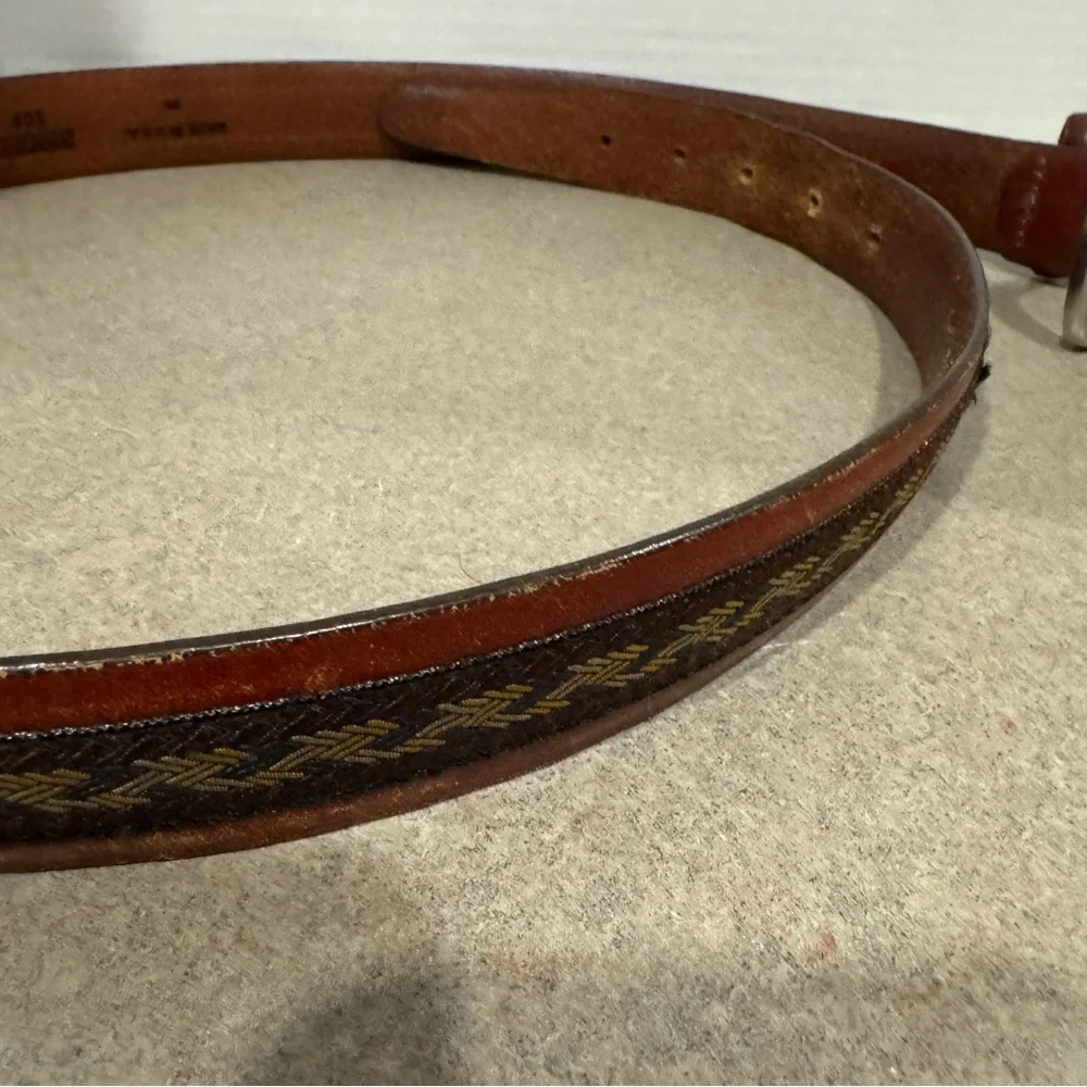 Lands’ End Vintage Men’s Woven Print Brown Leather Belt Size 40/100 Made in USA